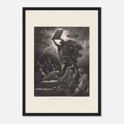 Moïse brisant les Tables de la Loi, planche de Gustave Doré (29,7x42 cm (A3) / Cadre noir). Gravure de Gustave Doré dépeignant Moïse brisant les tables de la loi sous un ciel orageux, entouré de personnages.