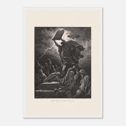 Moïse brisant les Tables de la Loi, planche de Gustave Doré (42x59,4 cm (A2) / Cadre blanc). Gravure de Gustave Doré dépeignant Moïse brisant les tables de la loi sous un ciel orageux, entouré de personnages.