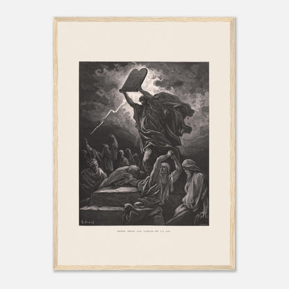 Moïse brisant les Tables de la Loi, planche de Gustave Doré (42x59,4 cm (A2) / Cadre bois clair). Gravure de Gustave Doré dépeignant Moïse brisant les tables de la loi sous un ciel orageux, entouré de personnages.