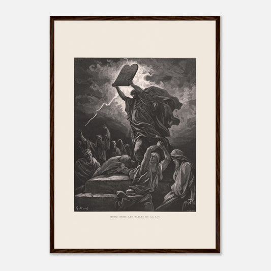 Moïse brisant les Tables de la Loi, planche de Gustave Doré (42x59,4 cm (A2) / Cadre bois foncé). Gravure de Gustave Doré dépeignant Moïse brisant les tables de la loi sous un ciel orageux, entouré de personnages.