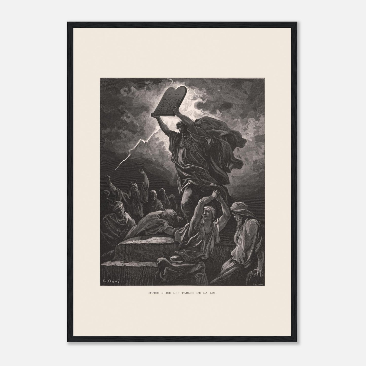 Moïse brisant les Tables de la Loi, planche de Gustave Doré (42x59,4 cm (A2) / Cadre noir). Gravure de Gustave Doré dépeignant Moïse brisant les tables de la loi sous un ciel orageux, entouré de personnages.