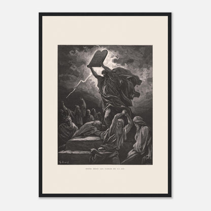 Moïse brisant les Tables de la Loi, planche de Gustave Doré (42x59,4 cm (A2) / Cadre noir). Gravure de Gustave Doré dépeignant Moïse brisant les tables de la loi sous un ciel orageux, entouré de personnages.