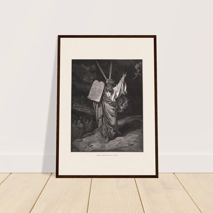 Moses steigt vom Berg Sinai herab, Stich von Gustave Doré. Alter Stich von Gustave Doré, der Mose darstellt, wie er vom Berg Sinai herabsteigt, die Zehn Gebote hält und eine Gruppe von Menschen unten unter einem stürmischen Himmel segnet.