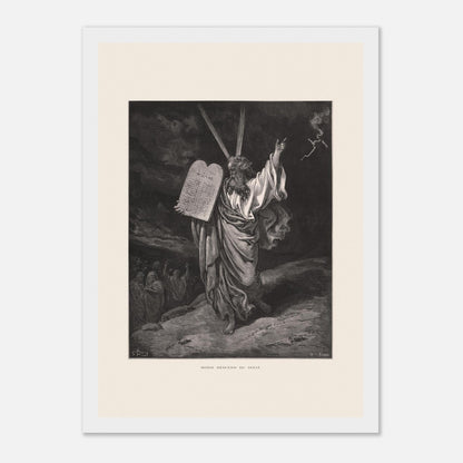 Moïse descendant du mont Sinaï, gravure de Gustave Doré (21x29,7 cm (A4) / Cadre blanc). Gravure ancienne de Gustave Doré représentant Moïse descendant du mont Sinaï, tenant les Dix Commandements et bénissant un groupe de personnes en contrebas, sous un ciel orageux.