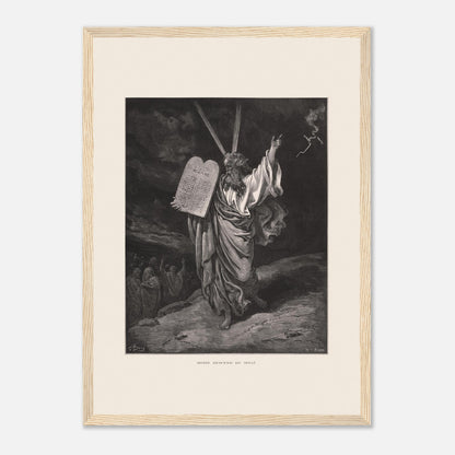 Moïse descendant du mont Sinaï, gravure de Gustave Doré (29,7x42 cm (A3) / Cadre bois clair). Gravure ancienne de Gustave Doré représentant Moïse descendant du mont Sinaï, tenant les Dix Commandements et bénissant un groupe de personnes en contrebas, sous un ciel orageux.