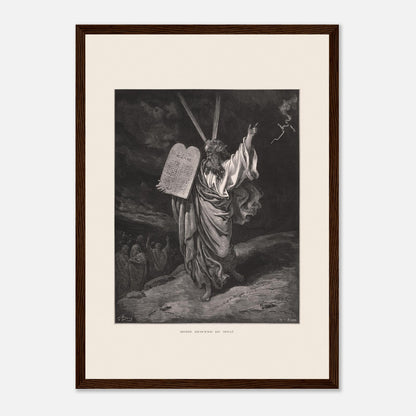Moïse descendant du mont Sinaï, gravure de Gustave Doré (29,7x42 cm (A3) / Cadre bois foncé). Gravure ancienne de Gustave Doré représentant Moïse descendant du mont Sinaï, tenant les Dix Commandements et bénissant un groupe de personnes en contrebas, sous un ciel orageux.