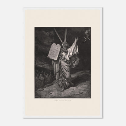 Moïse descendant du mont Sinaï, gravure de Gustave Doré (42x59,4 cm (A2) / Cadre blanc). Gravure ancienne de Gustave Doré représentant Moïse descendant du mont Sinaï, tenant les Dix Commandements et bénissant un groupe de personnes en contrebas, sous un ciel orageux.