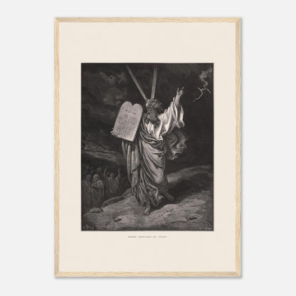 Moïse descendant du mont Sinaï, gravure de Gustave Doré (42x59,4 cm (A2) / Cadre bois clair). Gravure ancienne de Gustave Doré représentant Moïse descendant du mont Sinaï, tenant les Dix Commandements et bénissant un groupe de personnes en contrebas, sous un ciel orageux.