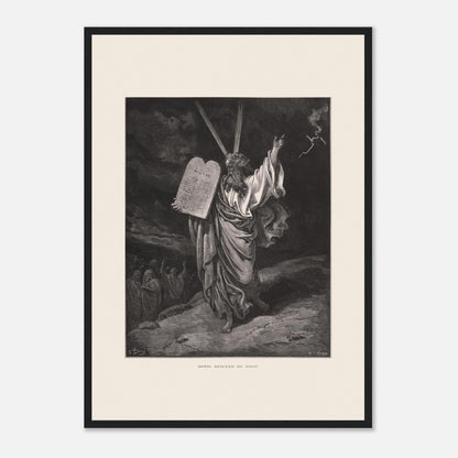 Moïse descendant du mont Sinaï, gravure de Gustave Doré (42x59,4 cm (A2) / Cadre noir). Gravure ancienne de Gustave Doré représentant Moïse descendant du mont Sinaï, tenant les Dix Commandements et bénissant un groupe de personnes en contrebas, sous un ciel orageux.