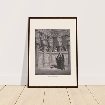 Antike Tafel Mose vor dem Pharao von Gustave Doré. Illustration von Gustave Doré, die Mose und Aaron vor dem Pharao in einem mit Hieroglyphen geschmückten ägyptischen Tempel zeigt.
