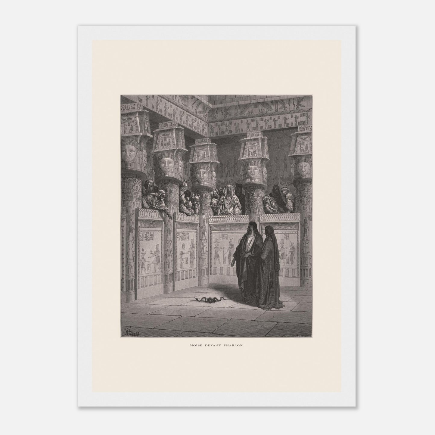 Planche ancienne Moïse devant Pharaon par Gustave Doré (21x29,7 cm (A4) / Cadre blanc). Illustration de Gustave Doré montrant Moïse et Aaron devant Pharaon, dans un temple égyptien orné de hiéroglyphes.
