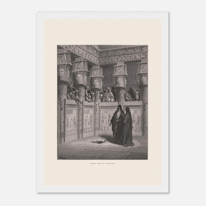 Planche ancienne Moïse devant Pharaon par Gustave Doré (21x29,7 cm (A4) / Cadre blanc). Illustration de Gustave Doré montrant Moïse et Aaron devant Pharaon, dans un temple égyptien orné de hiéroglyphes.