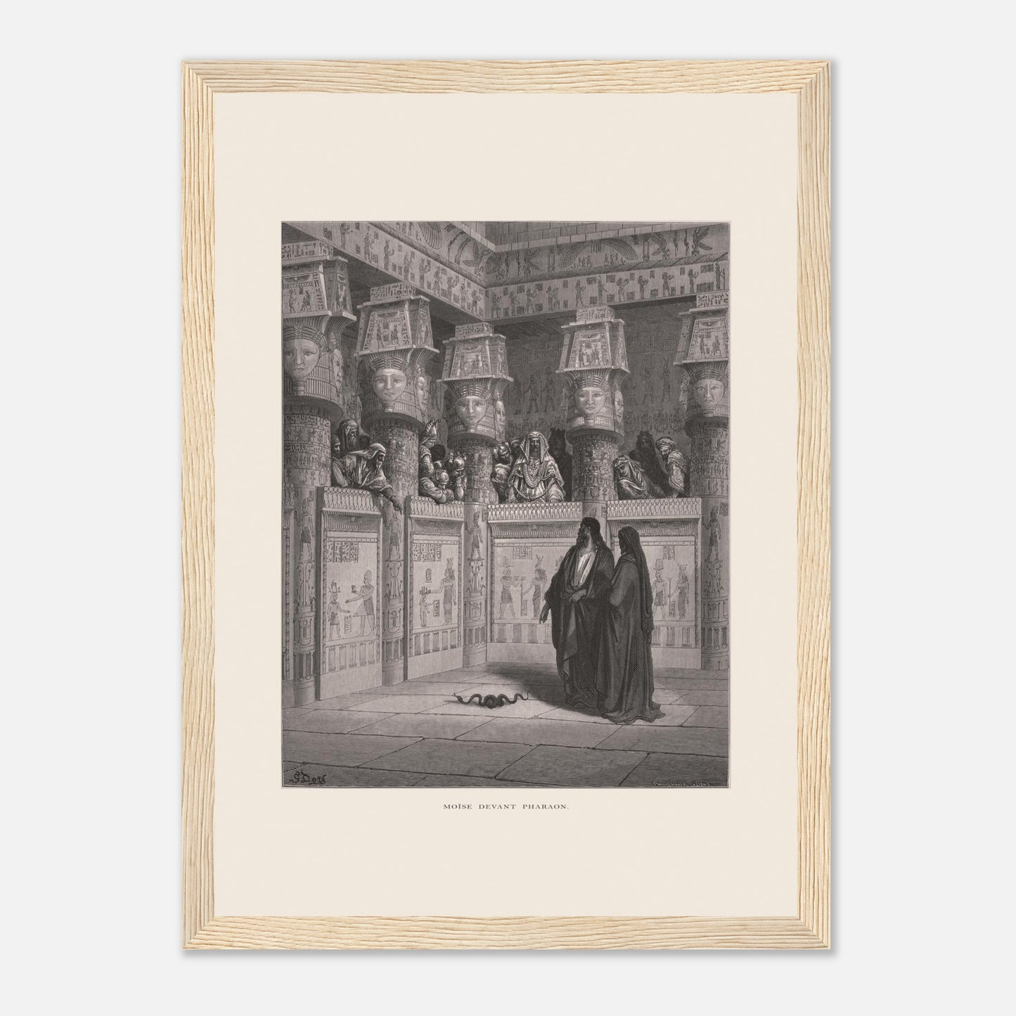 Planche ancienne Moïse devant Pharaon par Gustave Doré (21x29,7 cm (A4) / Cadre bois clair). Illustration de Gustave Doré montrant Moïse et Aaron devant Pharaon, dans un temple égyptien orné de hiéroglyphes.