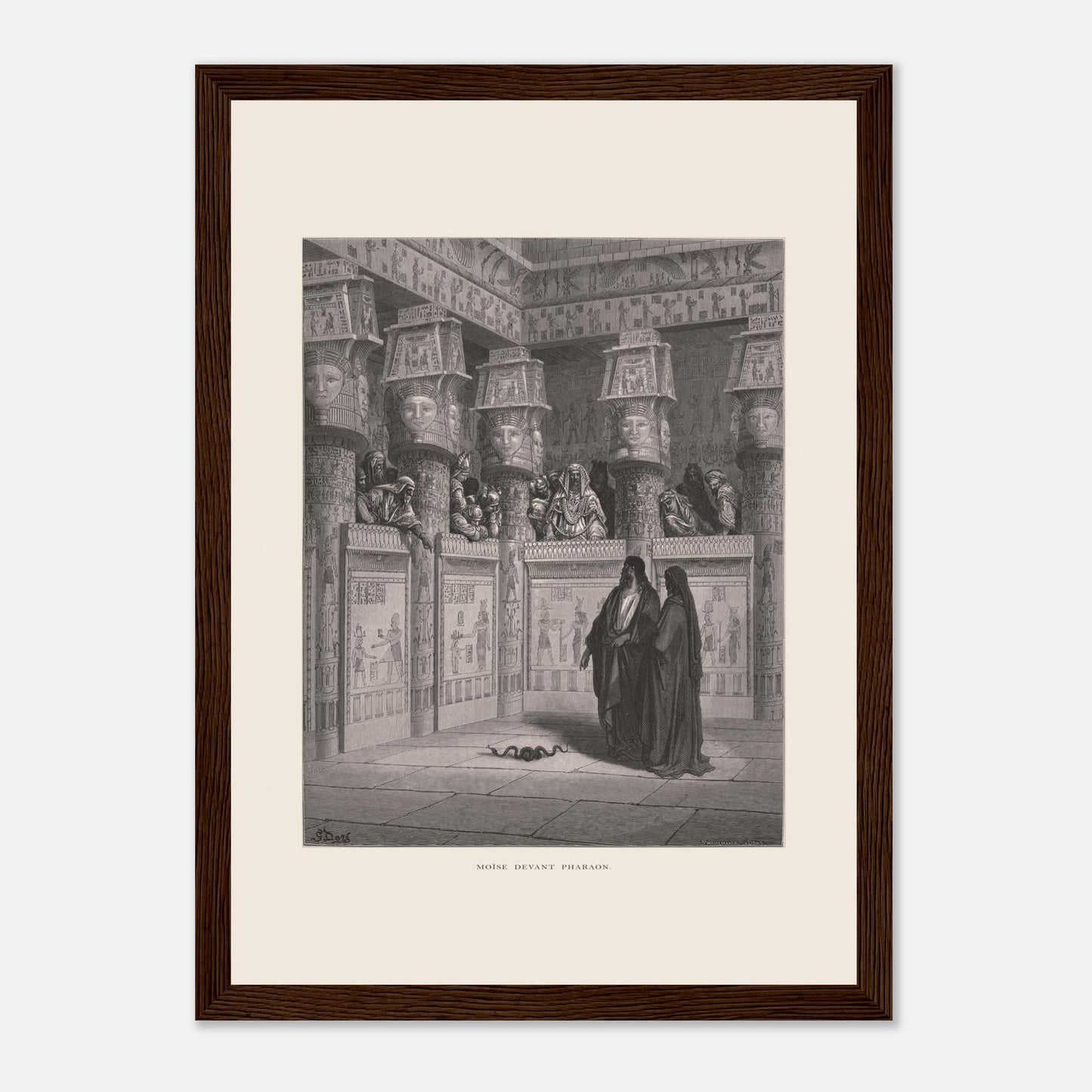 Planche ancienne Moïse devant Pharaon par Gustave Doré (21x29,7 cm (A4) / Cadre bois foncé). Illustration de Gustave Doré montrant Moïse et Aaron devant Pharaon, dans un temple égyptien orné de hiéroglyphes.