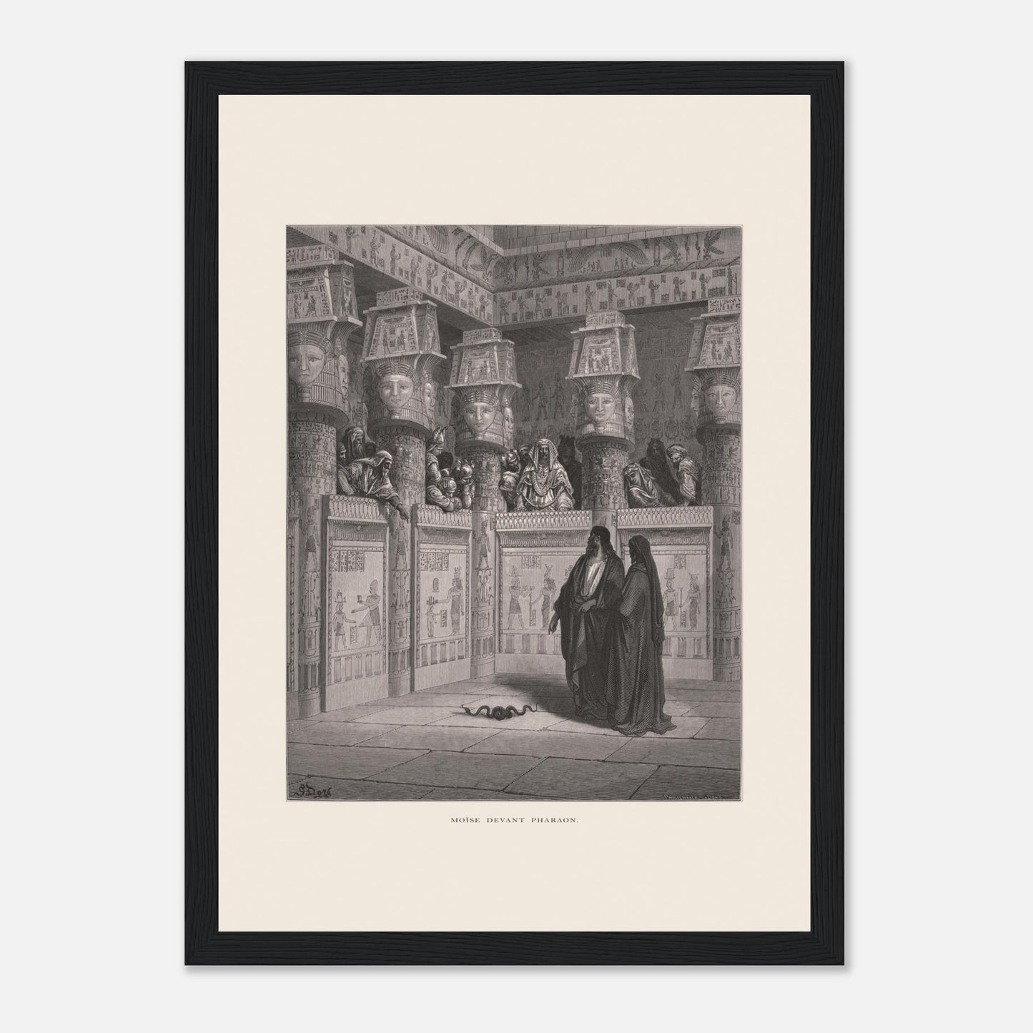 Planche ancienne Moïse devant Pharaon par Gustave Doré (21x29,7 cm (A4) / Cadre noir). Illustration de Gustave Doré montrant Moïse et Aaron devant Pharaon, dans un temple égyptien orné de hiéroglyphes.