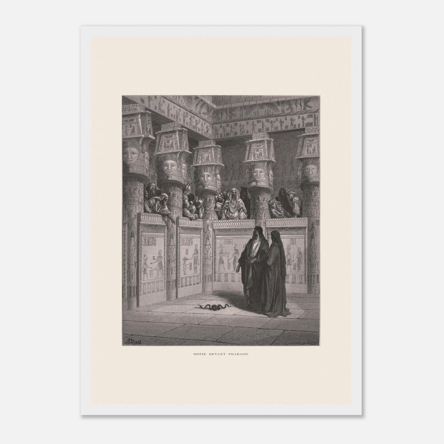 Planche ancienne Moïse devant Pharaon par Gustave Doré (29,7x42 cm (A3) / Cadre blanc). Illustration de Gustave Doré montrant Moïse et Aaron devant Pharaon, dans un temple égyptien orné de hiéroglyphes.