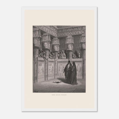Planche ancienne Moïse devant Pharaon par Gustave Doré (29,7x42 cm (A3) / Cadre blanc). Illustration de Gustave Doré montrant Moïse et Aaron devant Pharaon, dans un temple égyptien orné de hiéroglyphes.