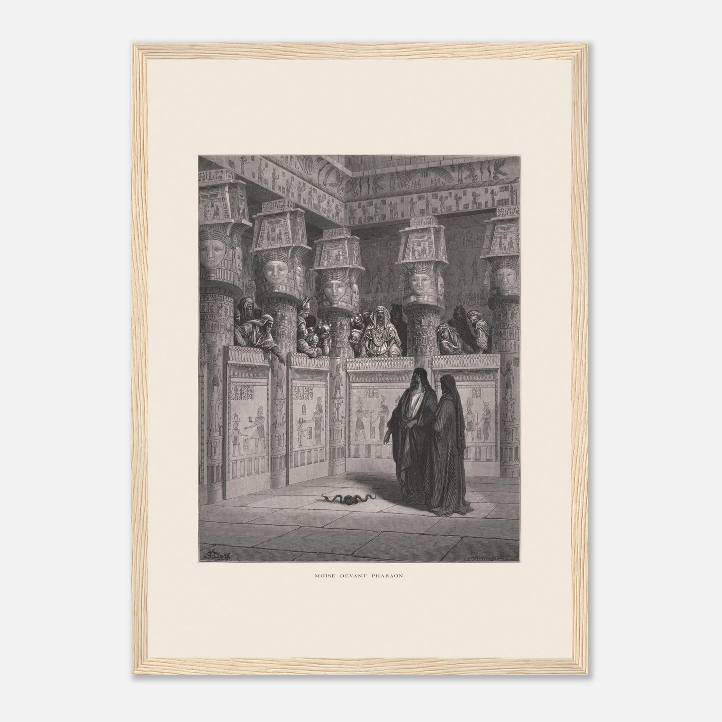 Planche ancienne Moïse devant Pharaon par Gustave Doré (29,7x42 cm (A3) / Cadre bois clair). Illustration de Gustave Doré montrant Moïse et Aaron devant Pharaon, dans un temple égyptien orné de hiéroglyphes.