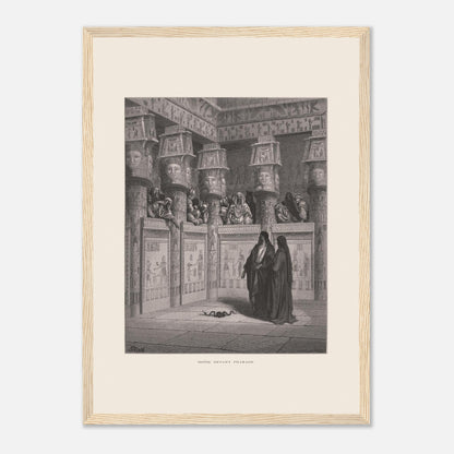 Planche ancienne Moïse devant Pharaon par Gustave Doré (29,7x42 cm (A3) / Cadre bois clair). Illustration de Gustave Doré montrant Moïse et Aaron devant Pharaon, dans un temple égyptien orné de hiéroglyphes.