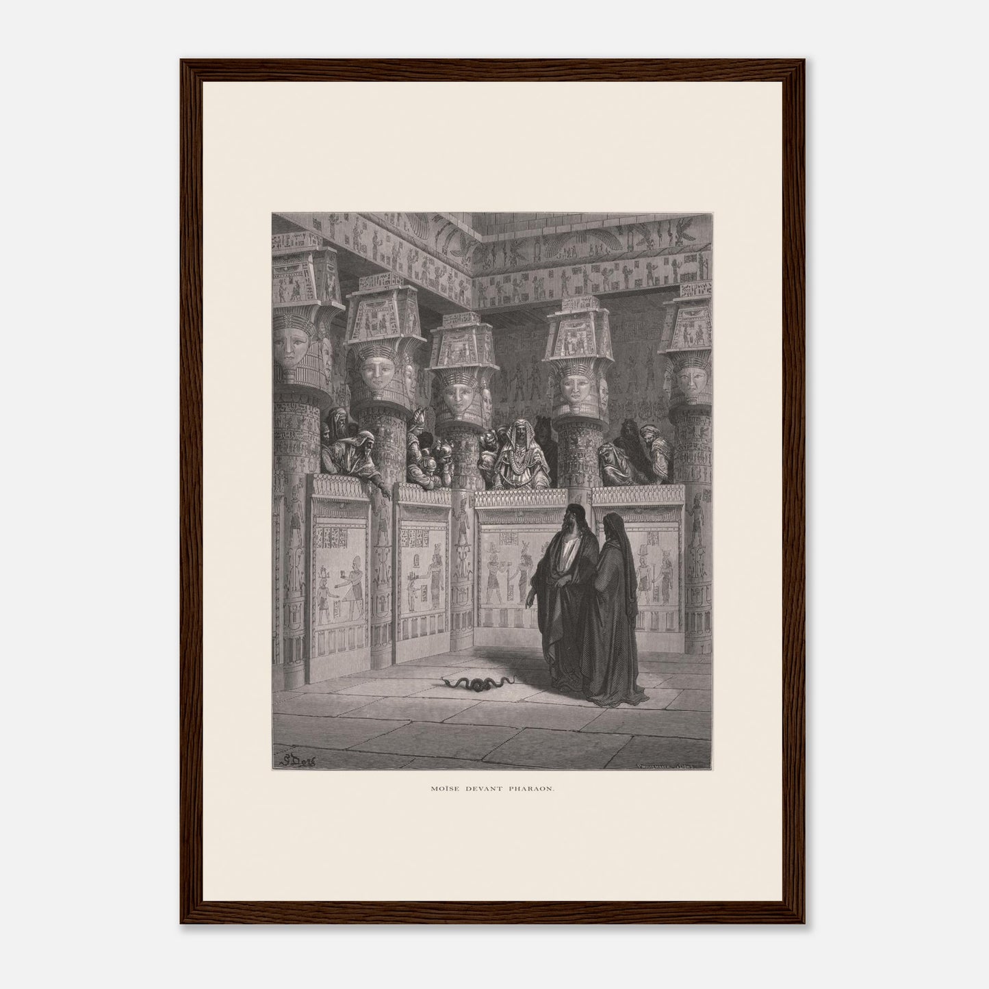 Planche ancienne Moïse devant Pharaon par Gustave Doré (29,7x42 cm (A3) / Cadre bois foncé). Illustration de Gustave Doré montrant Moïse et Aaron devant Pharaon, dans un temple égyptien orné de hiéroglyphes.