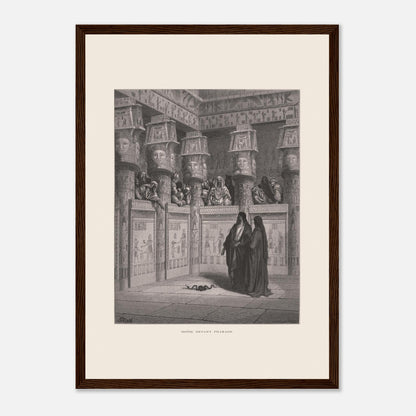 Planche ancienne Moïse devant Pharaon par Gustave Doré (29,7x42 cm (A3) / Cadre bois foncé). Illustration de Gustave Doré montrant Moïse et Aaron devant Pharaon, dans un temple égyptien orné de hiéroglyphes.