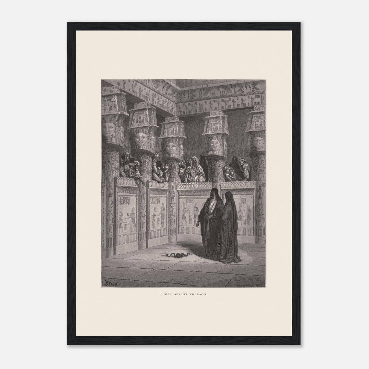 Planche ancienne Moïse devant Pharaon par Gustave Doré (29,7x42 cm (A3) / Cadre noir). Illustration de Gustave Doré montrant Moïse et Aaron devant Pharaon, dans un temple égyptien orné de hiéroglyphes.