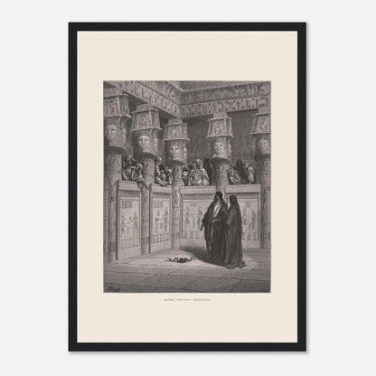 Planche ancienne Moïse devant Pharaon par Gustave Doré (29,7x42 cm (A3) / Cadre noir). Illustration de Gustave Doré montrant Moïse et Aaron devant Pharaon, dans un temple égyptien orné de hiéroglyphes.