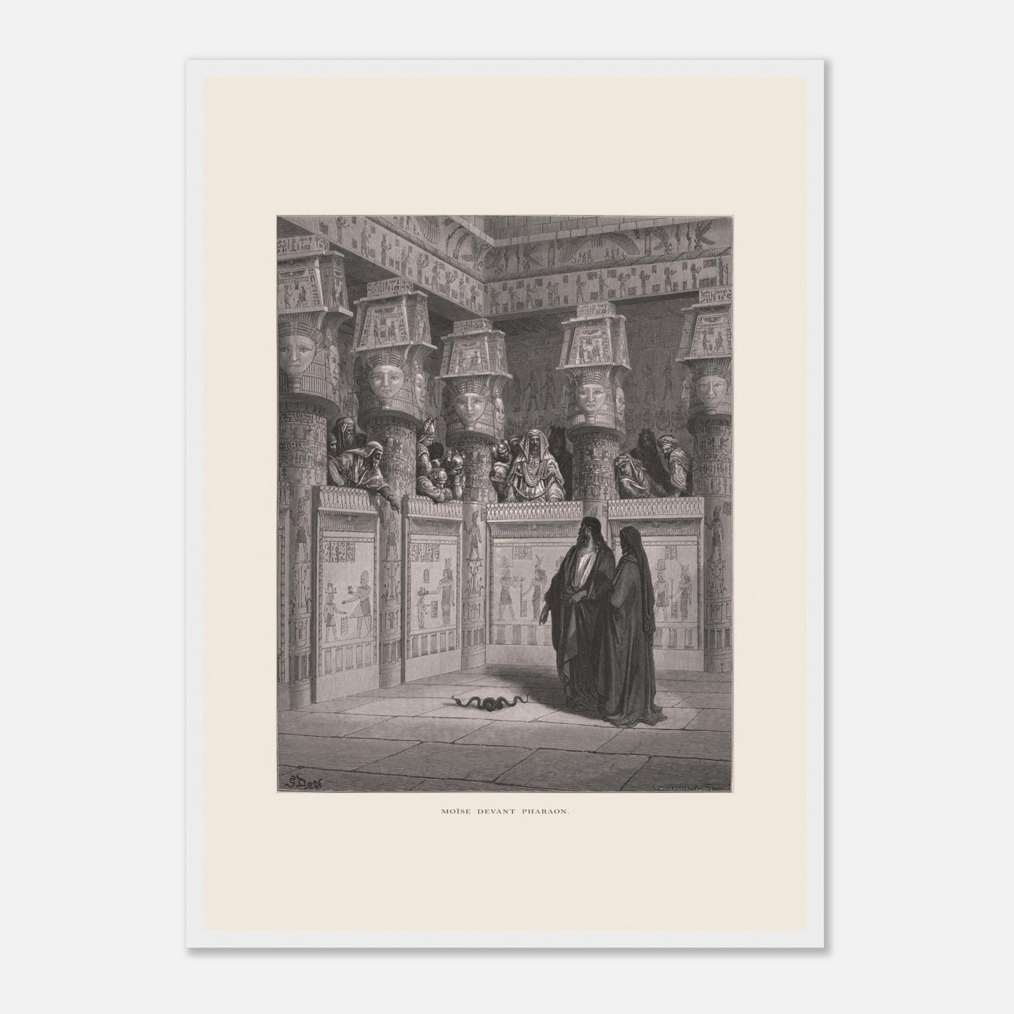 Planche ancienne Moïse devant Pharaon par Gustave Doré (42x59,4 cm (A2) / Cadre blanc). Illustration de Gustave Doré montrant Moïse et Aaron devant Pharaon, dans un temple égyptien orné de hiéroglyphes.