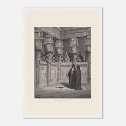 Planche ancienne Moïse devant Pharaon par Gustave Doré (42x59,4 cm (A2) / Cadre blanc). Illustration de Gustave Doré montrant Moïse et Aaron devant Pharaon, dans un temple égyptien orné de hiéroglyphes.