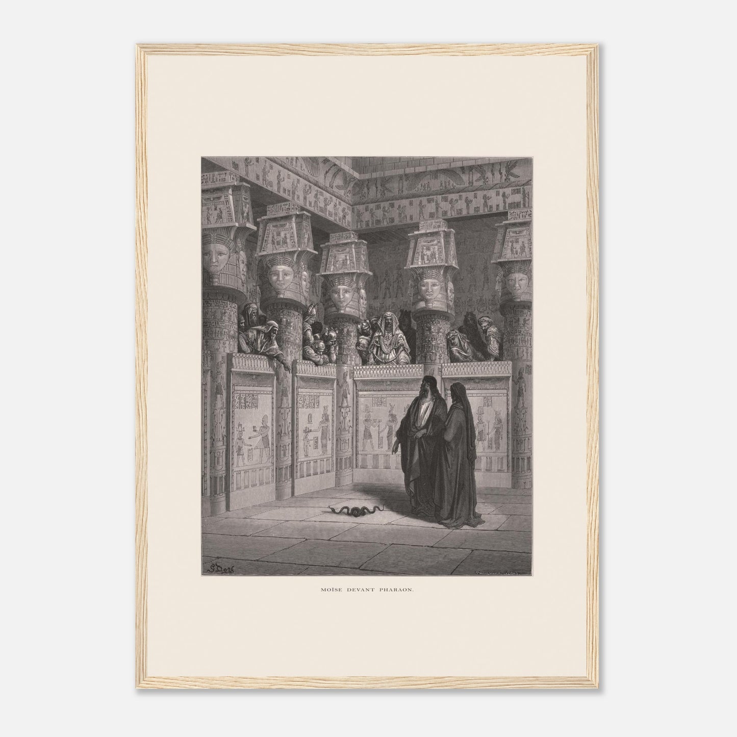 Planche ancienne Moïse devant Pharaon par Gustave Doré (42x59,4 cm (A2) / Cadre bois clair). Illustration de Gustave Doré montrant Moïse et Aaron devant Pharaon, dans un temple égyptien orné de hiéroglyphes.