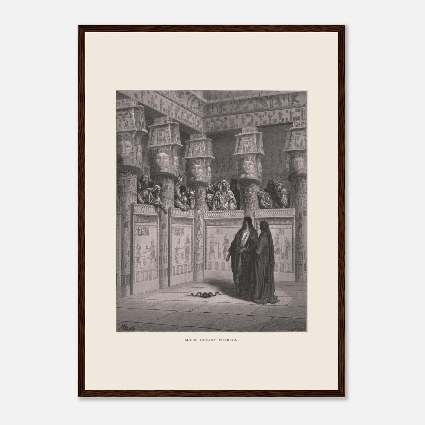 Planche ancienne Moïse devant Pharaon par Gustave Doré (42x59,4 cm (A2) / Cadre bois foncé). Illustration de Gustave Doré montrant Moïse et Aaron devant Pharaon, dans un temple égyptien orné de hiéroglyphes.