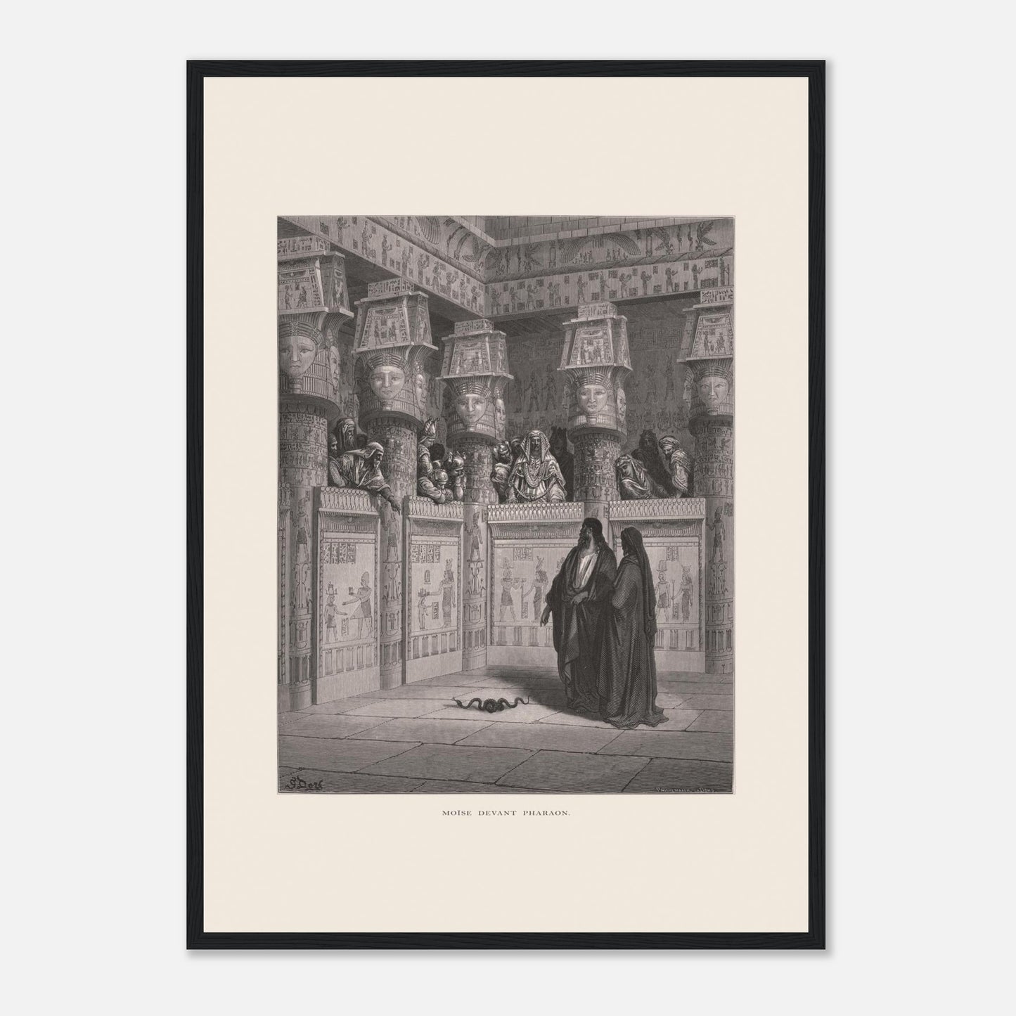Planche ancienne Moïse devant Pharaon par Gustave Doré (42x59,4 cm (A2) / Cadre noir). Illustration de Gustave Doré montrant Moïse et Aaron devant Pharaon, dans un temple égyptien orné de hiéroglyphes.