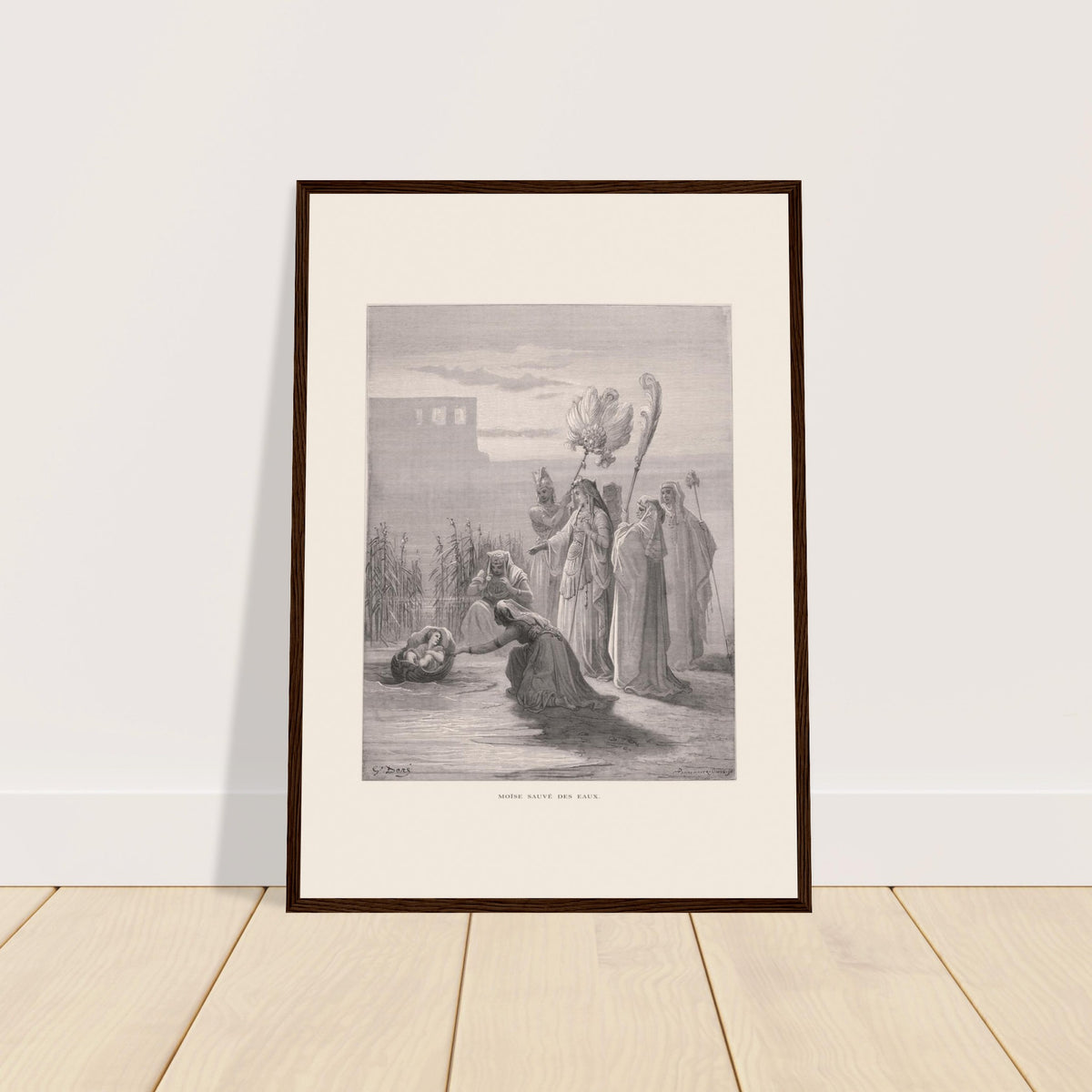 Moses aus den Wassern gerettet, alte Illustration von Gustave Doré. Druck von Gustave Doré, der die Rettung des Mose aus dem Wasser darstellt, wobei Frauen am Ufer des Nils in der Nähe von Architekturbauwerken ein Baby in einem Korb finden.
