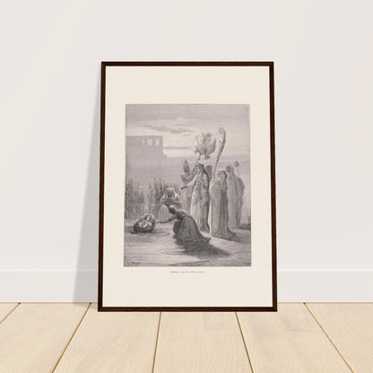 Moses aus den Wassern gerettet, alte Illustration von Gustave Doré. Druck von Gustave Doré, der die Rettung des Mose aus dem Wasser darstellt, wobei Frauen am Ufer des Nils in der Nähe von Architekturbauwerken ein Baby in einem Korb finden.