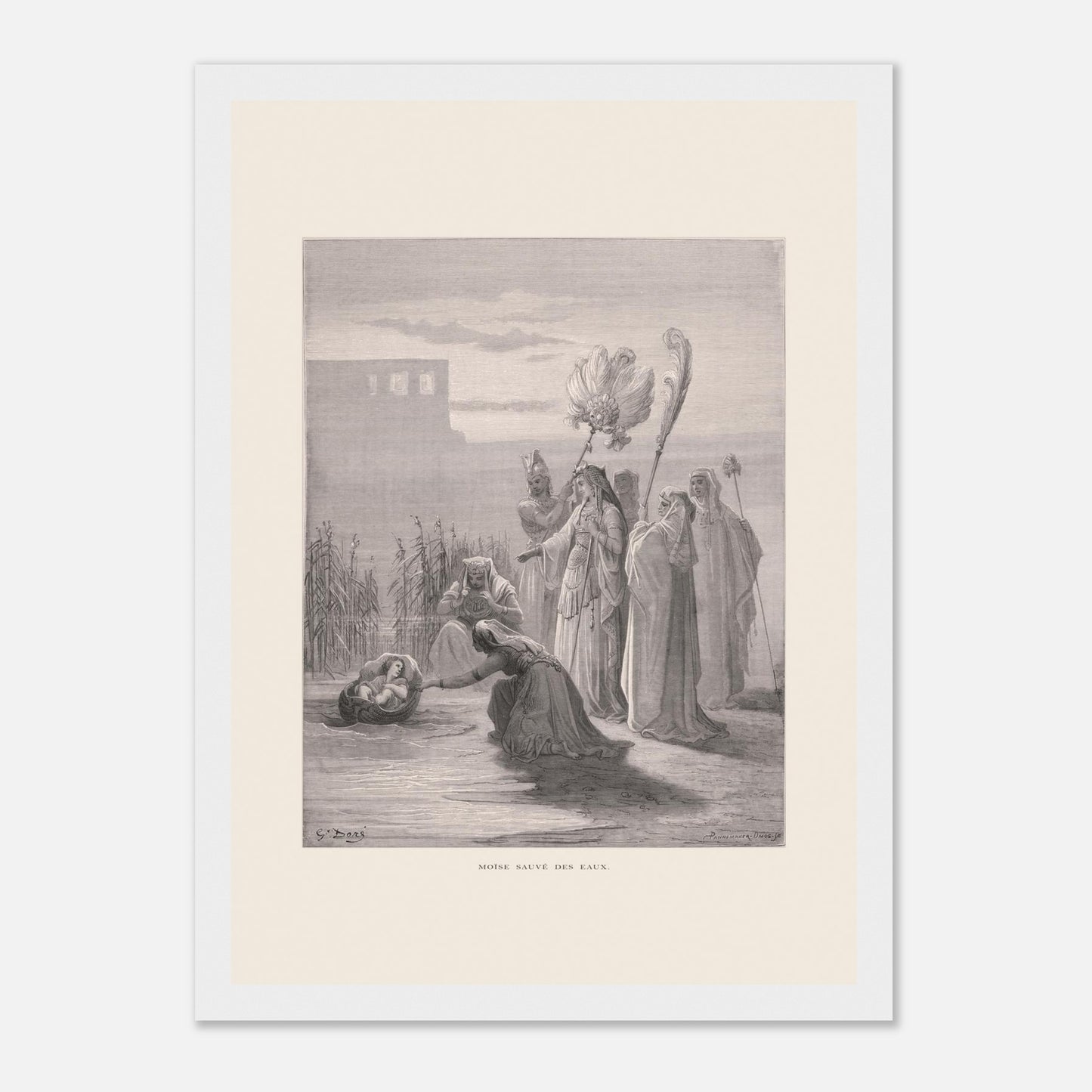 Moïse sauvé des eaux, illustration ancienne de Gustave Doré (21x29,7 cm (A4) / Cadre blanc). Estampe de Gustave Doré représentant Moïse sauvé des eaux, avec des femmes trouvant un bébé dans un panier au bord du Nil, près de structures architecturales.