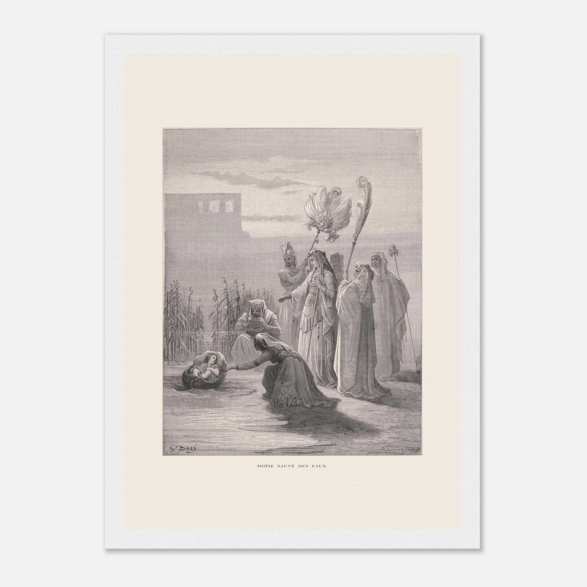 Moïse sauvé des eaux, illustration ancienne de Gustave Doré (21x29,7 cm (A4) / Cadre blanc). Estampe de Gustave Doré représentant Moïse sauvé des eaux, avec des femmes trouvant un bébé dans un panier au bord du Nil, près de structures architecturales.