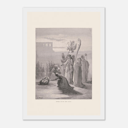 Moïse sauvé des eaux, illustration ancienne de Gustave Doré (21x29,7 cm (A4) / Cadre blanc). Estampe de Gustave Doré représentant Moïse sauvé des eaux, avec des femmes trouvant un bébé dans un panier au bord du Nil, près de structures architecturales.