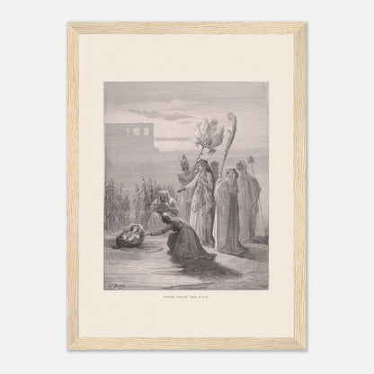 Moïse sauvé des eaux, illustration ancienne de Gustave Doré (21x29,7 cm (A4) / Cadre bois clair). Estampe de Gustave Doré représentant Moïse sauvé des eaux, avec des femmes trouvant un bébé dans un panier au bord du Nil, près de structures architecturales.