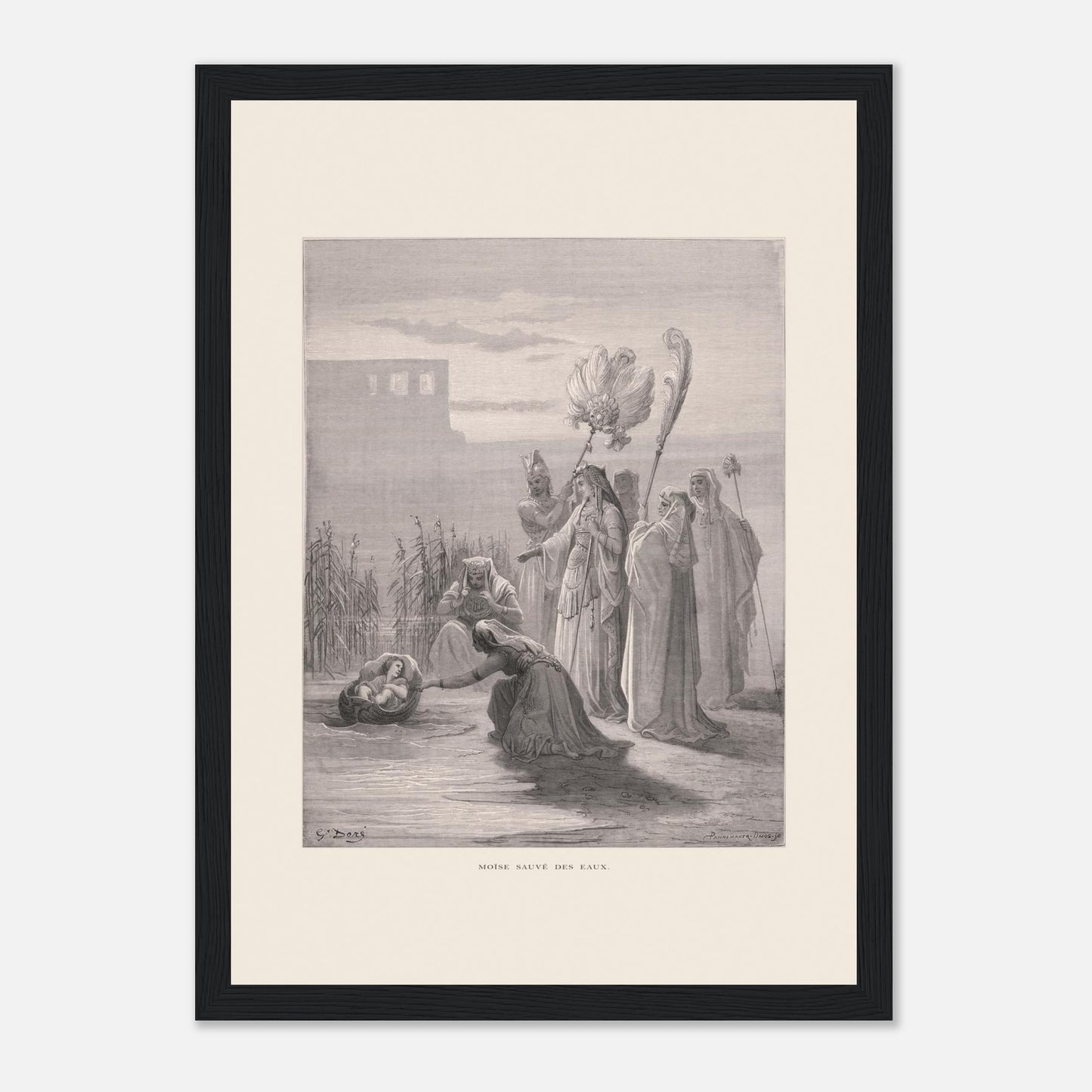 Moïse sauvé des eaux, illustration ancienne de Gustave Doré (21x29,7 cm (A4) / Cadre noir). Estampe de Gustave Doré représentant Moïse sauvé des eaux, avec des femmes trouvant un bébé dans un panier au bord du Nil, près de structures architecturales.