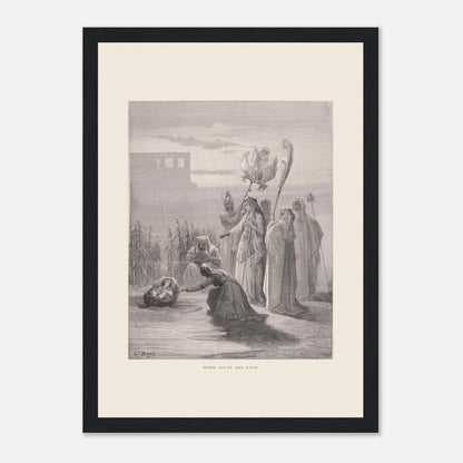 Moïse sauvé des eaux, illustration ancienne de Gustave Doré (21x29,7 cm (A4) / Cadre noir). Estampe de Gustave Doré représentant Moïse sauvé des eaux, avec des femmes trouvant un bébé dans un panier au bord du Nil, près de structures architecturales.
