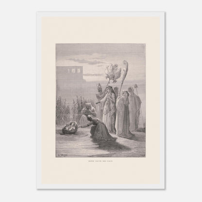 Moïse sauvé des eaux, illustration ancienne de Gustave Doré (29,7x42 cm (A3) / Cadre blanc). Estampe de Gustave Doré représentant Moïse sauvé des eaux, avec des femmes trouvant un bébé dans un panier au bord du Nil, près de structures architecturales.