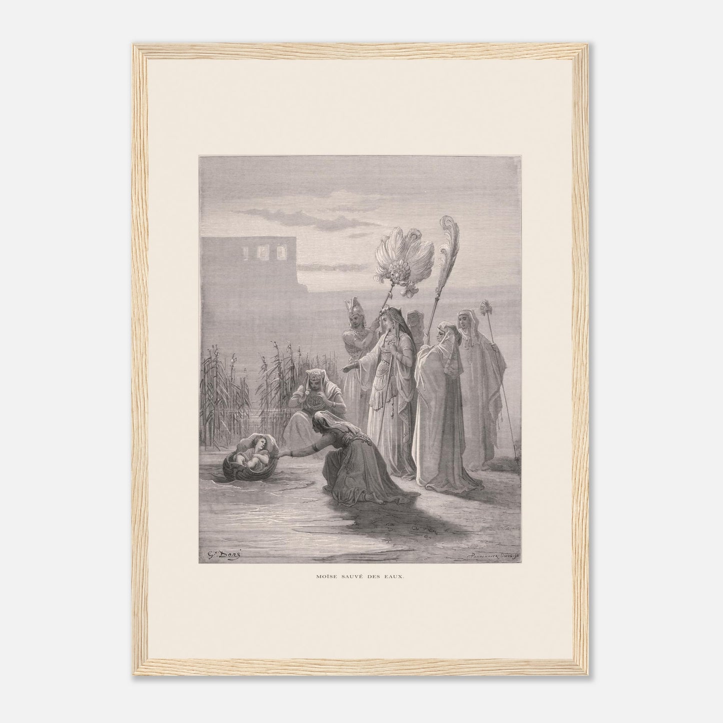 Moïse sauvé des eaux, illustration ancienne de Gustave Doré (29,7x42 cm (A3) / Cadre bois clair). Estampe de Gustave Doré représentant Moïse sauvé des eaux, avec des femmes trouvant un bébé dans un panier au bord du Nil, près de structures architecturales.
