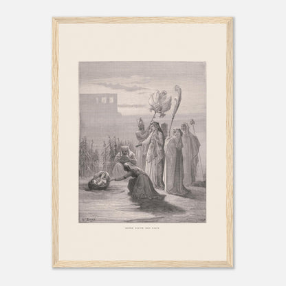 Moïse sauvé des eaux, illustration ancienne de Gustave Doré (29,7x42 cm (A3) / Cadre bois clair). Estampe de Gustave Doré représentant Moïse sauvé des eaux, avec des femmes trouvant un bébé dans un panier au bord du Nil, près de structures architecturales.
