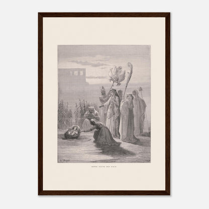 Moïse sauvé des eaux, illustration ancienne de Gustave Doré (29,7x42 cm (A3) / Cadre bois foncé). Estampe de Gustave Doré représentant Moïse sauvé des eaux, avec des femmes trouvant un bébé dans un panier au bord du Nil, près de structures architecturales.