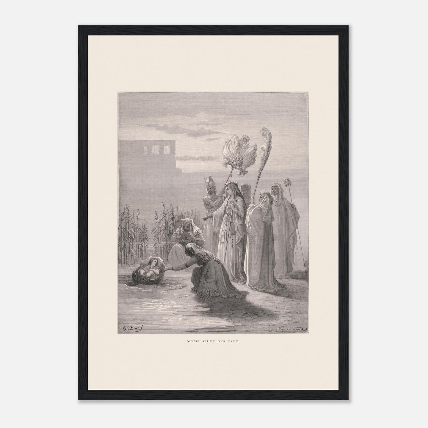 Moïse sauvé des eaux, illustration ancienne de Gustave Doré (29,7x42 cm (A3) / Cadre noir). Estampe de Gustave Doré représentant Moïse sauvé des eaux, avec des femmes trouvant un bébé dans un panier au bord du Nil, près de structures architecturales.