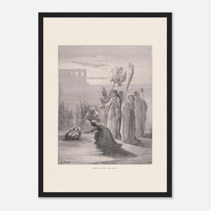 Moïse sauvé des eaux, illustration ancienne de Gustave Doré (29,7x42 cm (A3) / Cadre noir). Estampe de Gustave Doré représentant Moïse sauvé des eaux, avec des femmes trouvant un bébé dans un panier au bord du Nil, près de structures architecturales.