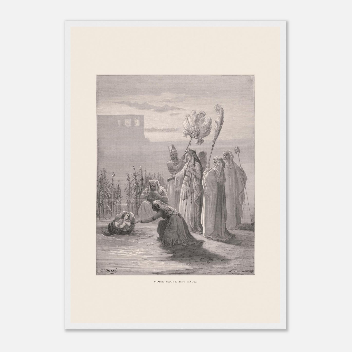 Moïse sauvé des eaux, illustration ancienne de Gustave Doré (42x59,4 cm (A2) / Cadre blanc). Estampe de Gustave Doré représentant Moïse sauvé des eaux, avec des femmes trouvant un bébé dans un panier au bord du Nil, près de structures architecturales.