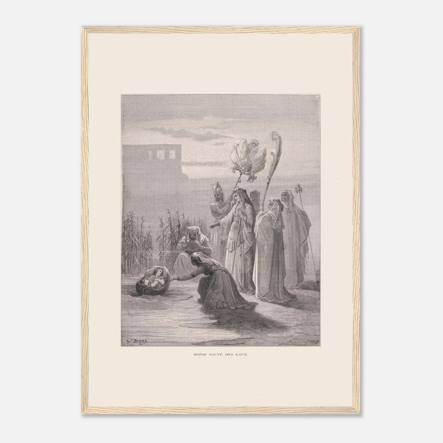 Moïse sauvé des eaux, illustration ancienne de Gustave Doré (42x59,4 cm (A2) / Cadre bois clair). Estampe de Gustave Doré représentant Moïse sauvé des eaux, avec des femmes trouvant un bébé dans un panier au bord du Nil, près de structures architecturales.