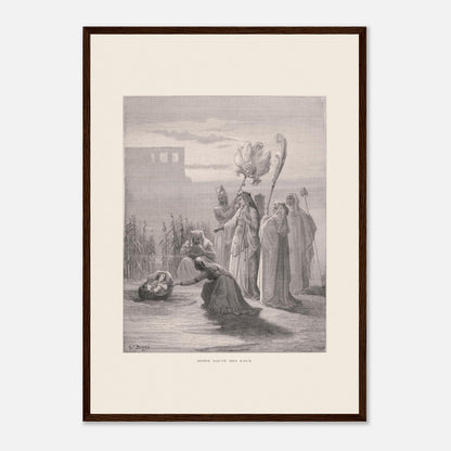 Moïse sauvé des eaux, illustration ancienne de Gustave Doré (42x59,4 cm (A2) / Cadre bois foncé). Estampe de Gustave Doré représentant Moïse sauvé des eaux, avec des femmes trouvant un bébé dans un panier au bord du Nil, près de structures architecturales.