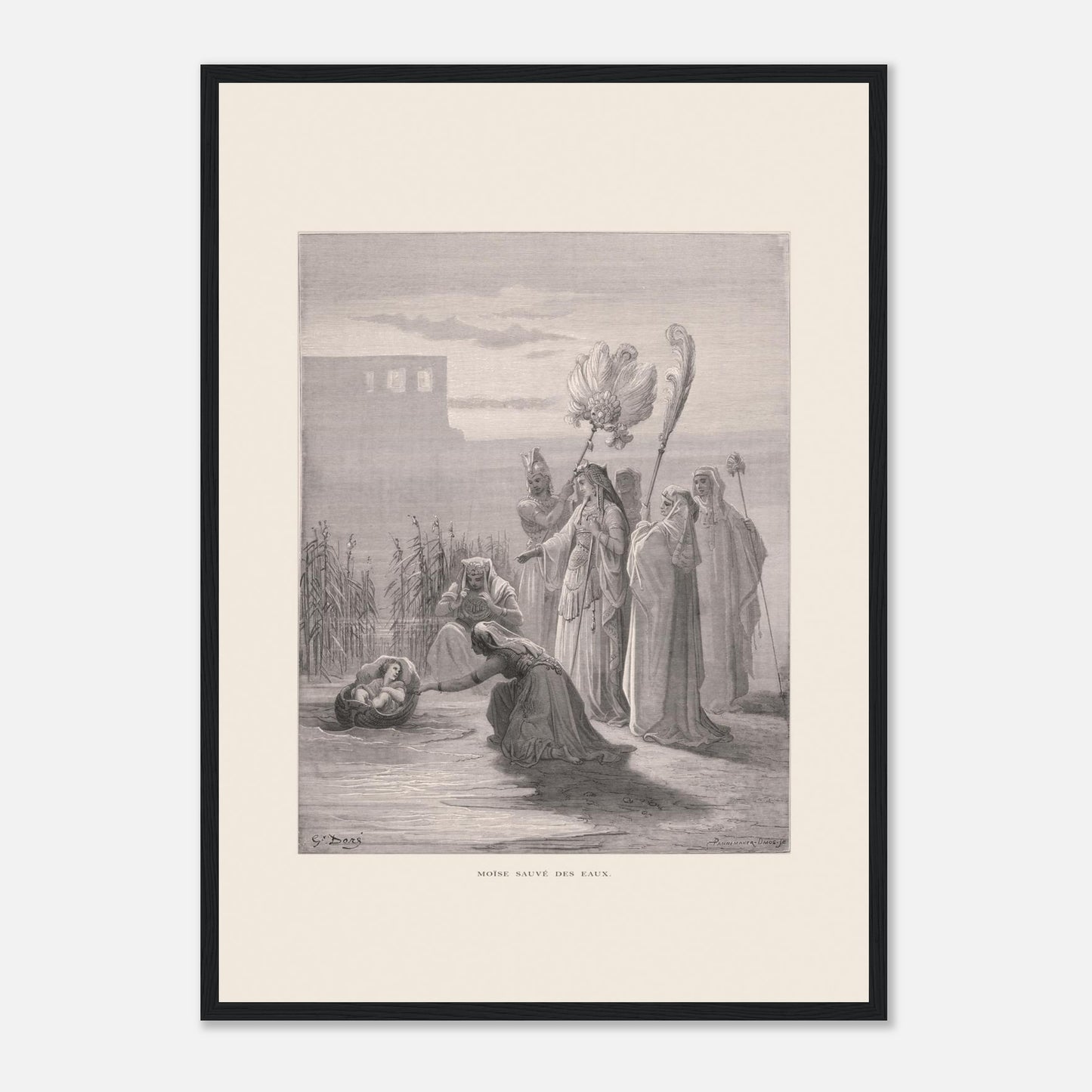 Moïse sauvé des eaux, illustration ancienne de Gustave Doré (42x59,4 cm (A2) / Cadre noir). Estampe de Gustave Doré représentant Moïse sauvé des eaux, avec des femmes trouvant un bébé dans un panier au bord du Nil, près de structures architecturales.